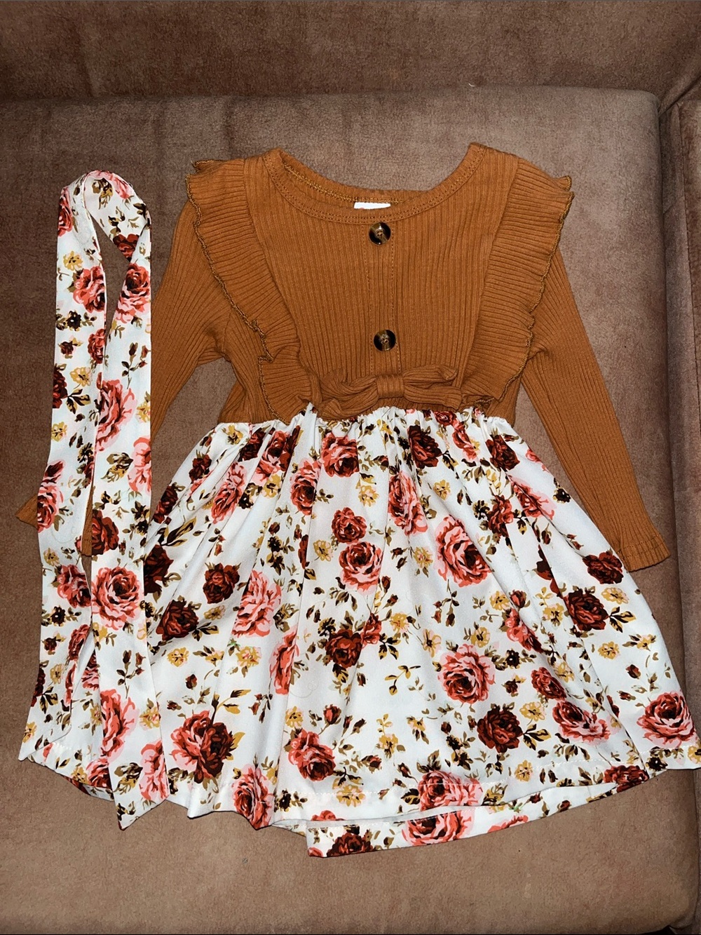 PatPat Rust Brown Knit Bodice Floral White Skirt Dress with Headband